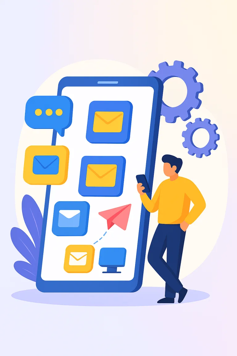 Business Bulk SMS Services in New Zealand Digital illustration of a professional leaning on an oversized smartphone filled with envelope and chat icons, gears behind, symbolising business bulk SMS services in New Zealand, in TextaHQ blue, yellow and white brand colours.