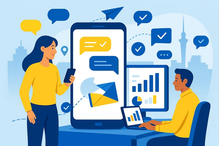 Digital illustration of a diverse business team using a bulk SMS platform with floating chat bubbles, delivery check marks, paper plane and open envelope, analytics on phone and desktop screens and subtle Auckland skyline, in TextaHQ blue, yellow and white brand colours.